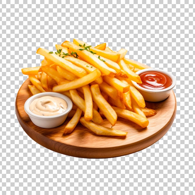 French fries with sauce on a round wood board on a transparent background