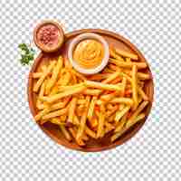 Free PSD french fries with sauce on a round wood board on a transparent background