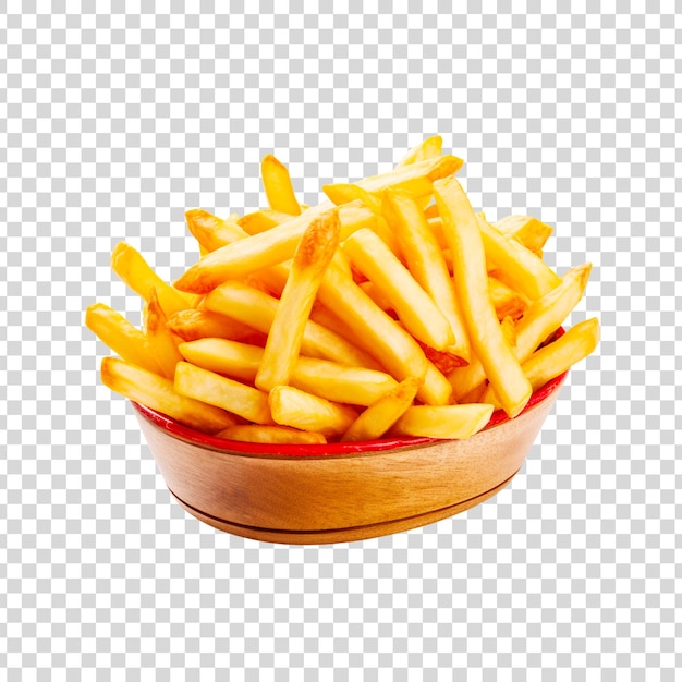 French fries with sauce on a round wooden bowl on a transparent background