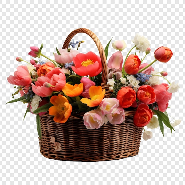 Fresh attractive flowers in wicker basket isolated on transparent background