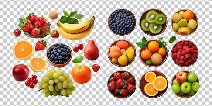 Free PSD fresh fruits collection in bowls on transparent background