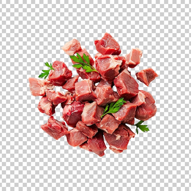 Fresh meat slices raw meat with leaves top view on a transparent background