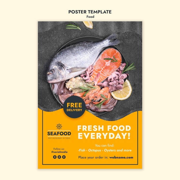 Бесплатный PSD Шаблон плаката свежих морепродуктов