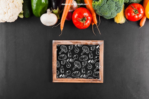 Free PSD fresh vegetables mockup with slate