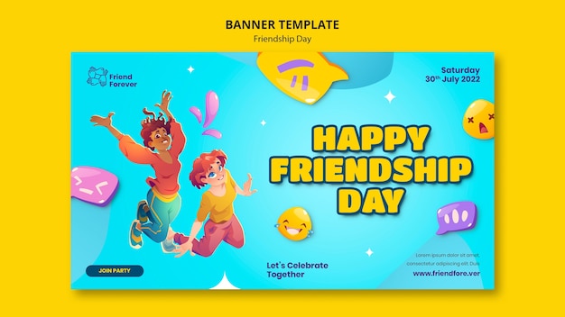 friendship day horizontal banner template with cartoon people jumping in the air