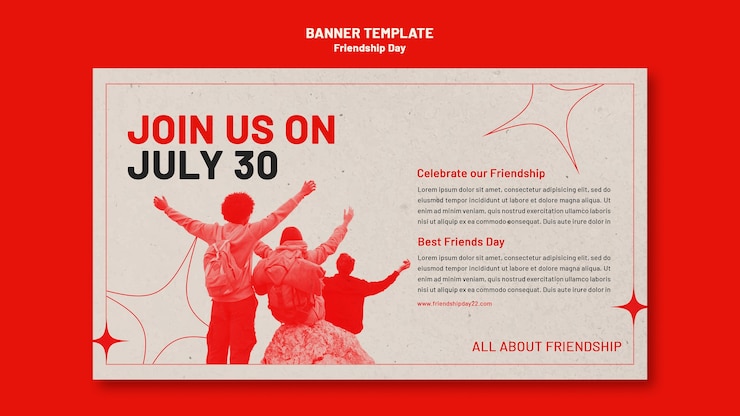 Free PSD friendship day horizontal banner template with red hue and stars design
