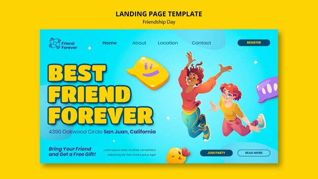 Friendship day landing page template with cartoon people jumping in the air
