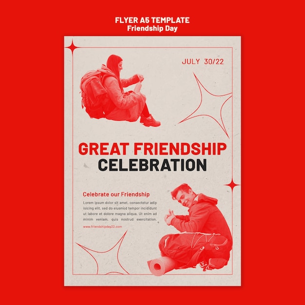 Free PSD friendship day vertical flyer template with red hue and stars design