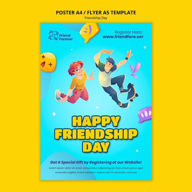 friendship day vertical poster template with cartoon people jumping in the air