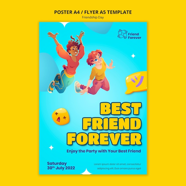 Friendship day vertical poster template with cartoon people jumping in the air