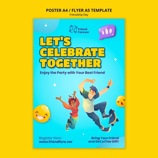 Friendship day vertical poster template with cartoon people jumping in the air