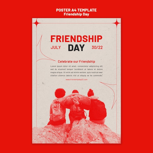 Free PSD friendship day vertical poster template with red hue and stars design