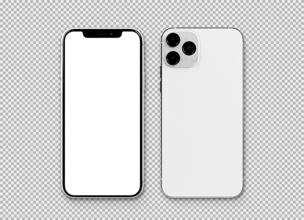 Front and back blank white smartphone isolated on transparent background