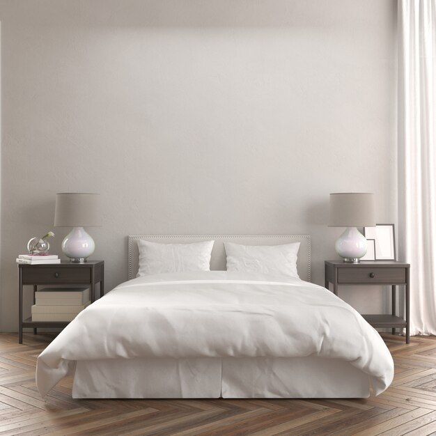 ベッドとモダンな木製ナイトテーブルモックアップ付きの部屋の正面図