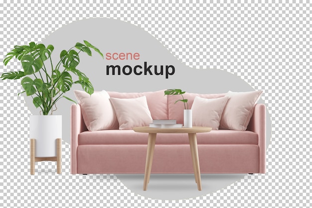 Front view of sofa and plant in 3d rendering