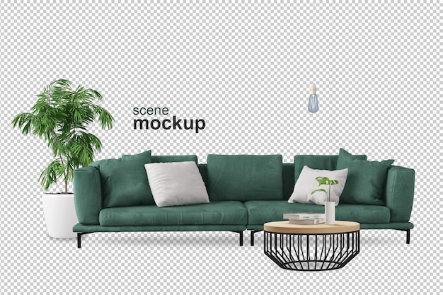 Front view of sofa and plant in 3d rendering