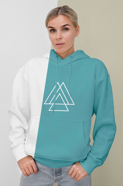 Front view of stylish woman in hoodie