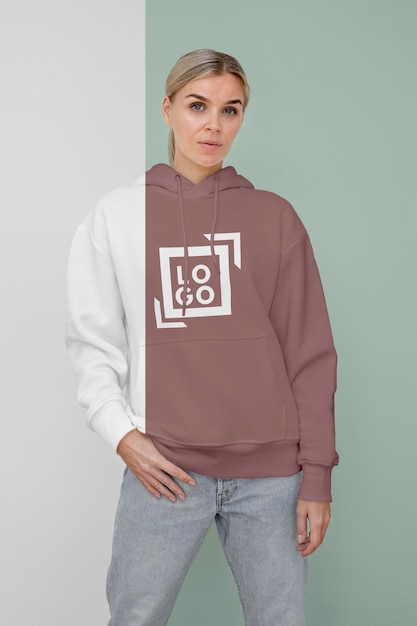 Front view of stylish woman in hoodie