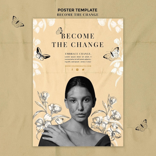 Free PSD front view woman become the change poster