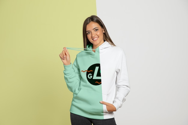 Front view of woman wearing hoodie