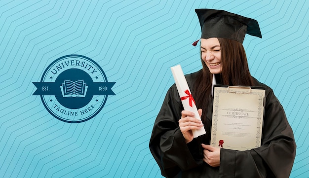 Front view young student holding diploma