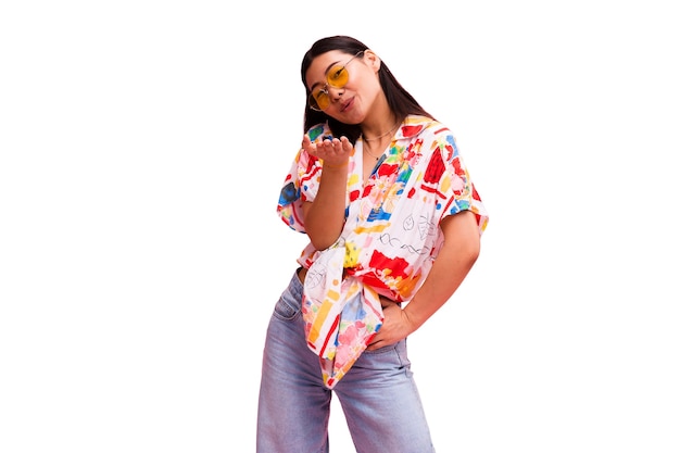 Front view young woman posing in studio