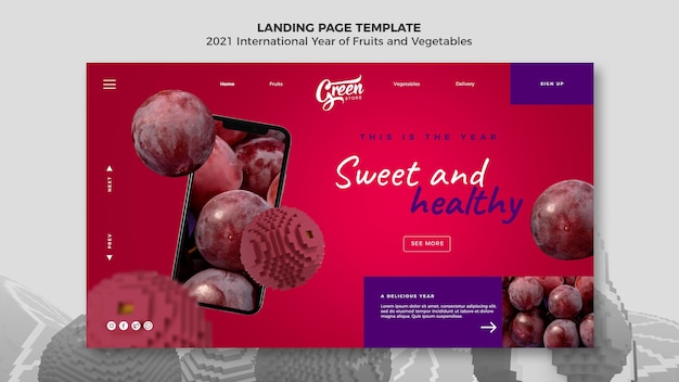 無料PSD 果物と野菜の年のランディングページ