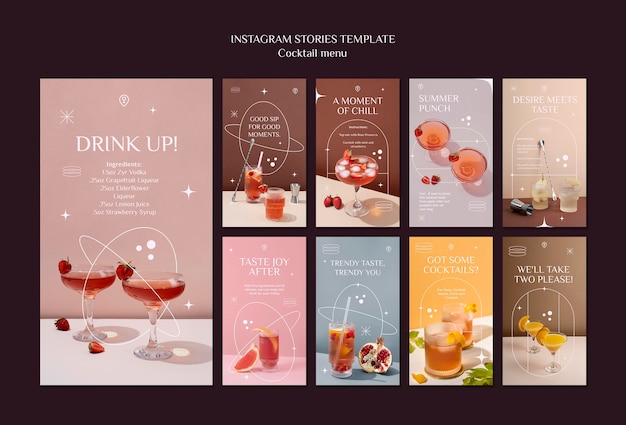 Collezione di storie di instagram menu cocktail fruttati