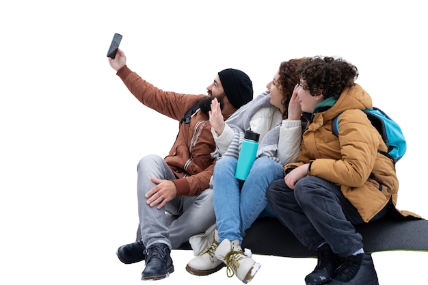 Full shot family taking selfie