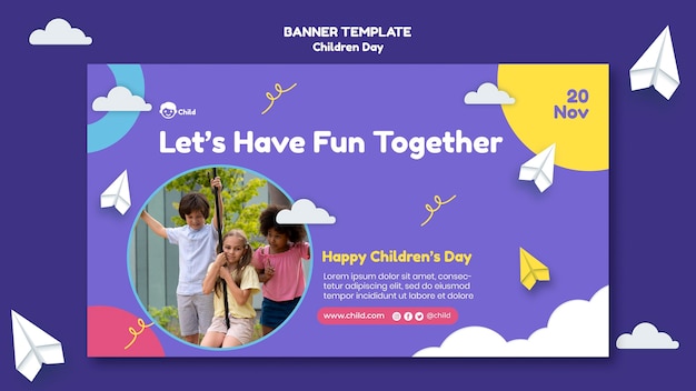 Modello di banner orizzontale divertente e colorato per la giornata dei bambini