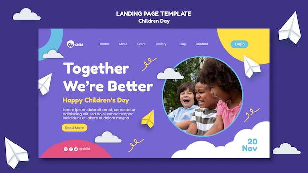 Fun colorful children's day landing page template