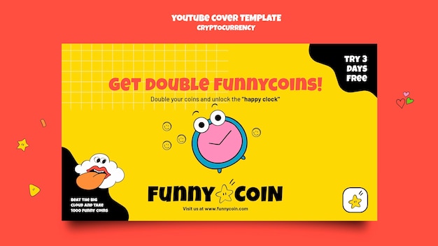 Copertina youtube di criptovaluta con monete divertenti Psd Gratuite