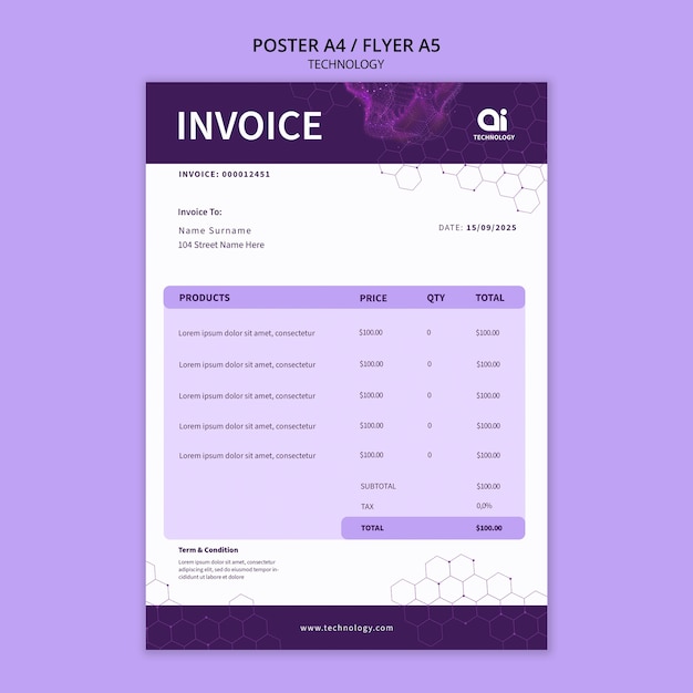 Free PSD futuristic ai tech invoice template