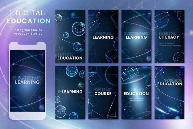 Futuristic education technology template psd social media story set