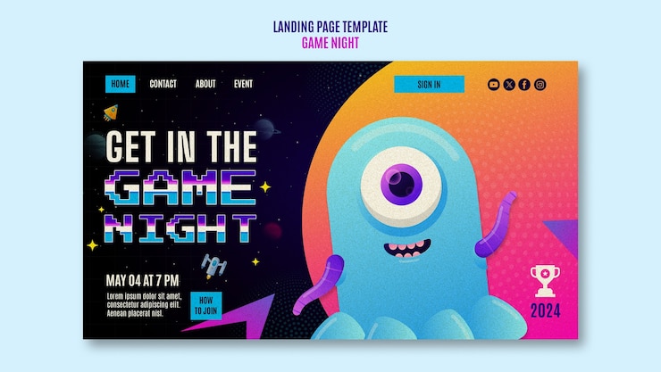 Free PSD game night entertainment  landing page template