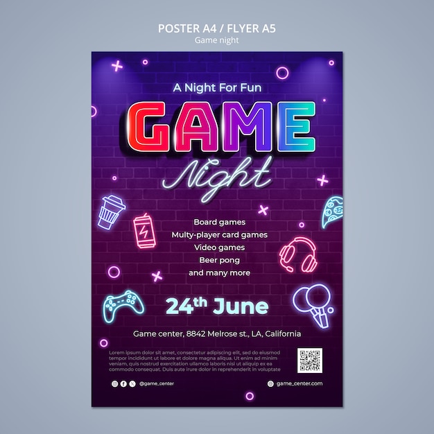 PSD gratuito modello di poster di intrattenimento per la serata di gioco