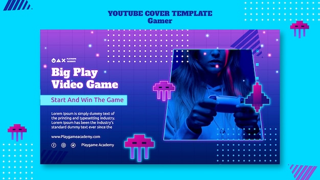 PSD gratuito modello di copertina di youtube al neon di gioco