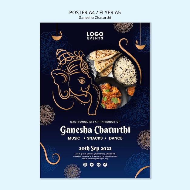 Modello di poster verticale Ganesha chaturthi con mandala ed elefante