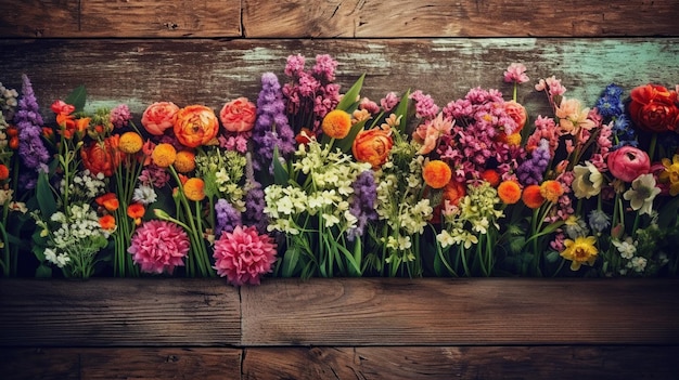 Garden flowers on wooden table background generative ai