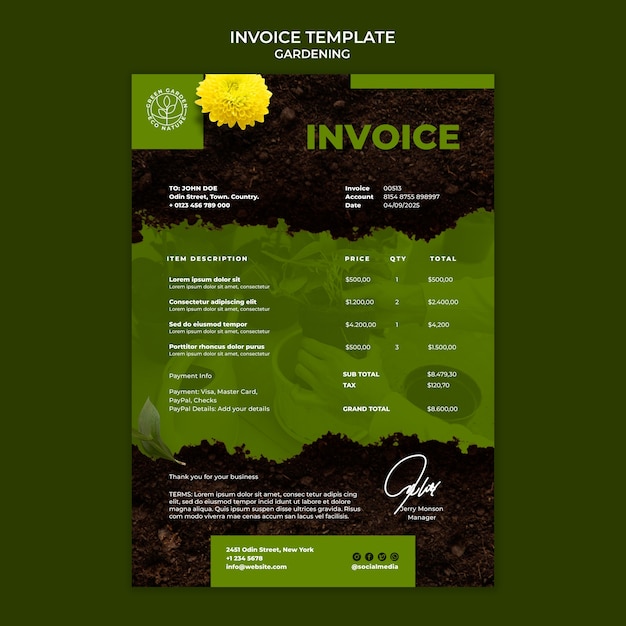 Free PSD gardening activity invoice template