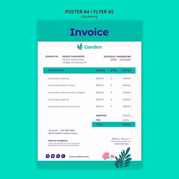 Gardening invoice design template