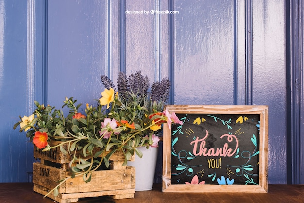 Gardening mockup with plants and slate