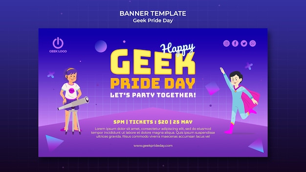 Free PSD geek pride day banner template with happy people