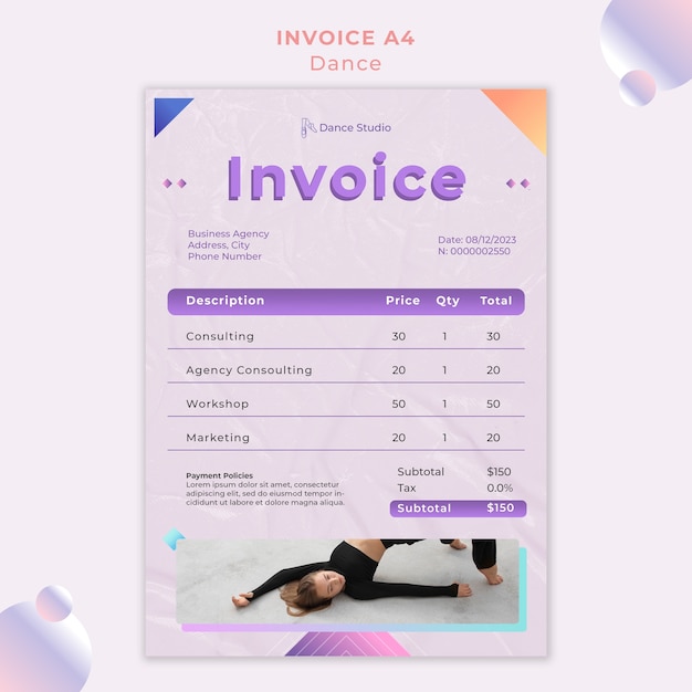 Free PSD geometric dance lessons invoice template