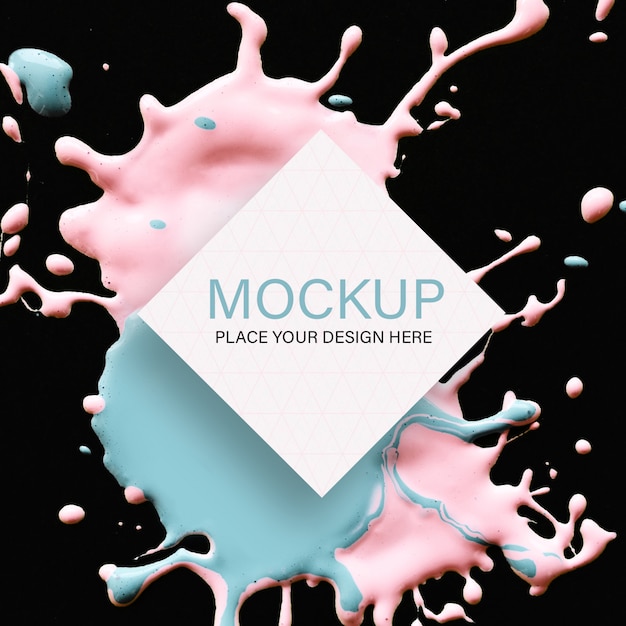 Geometric mockup with pink and blue liquid color on black background