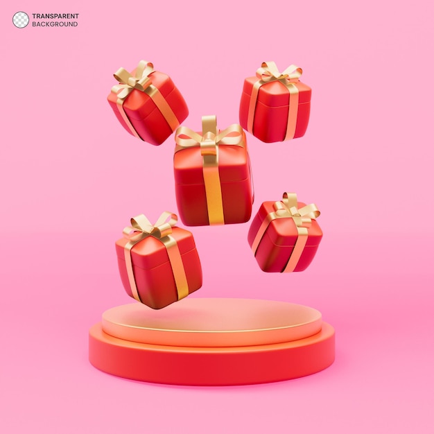 Free PSD gift box with gold ribbon on podium icon 3d render illustration