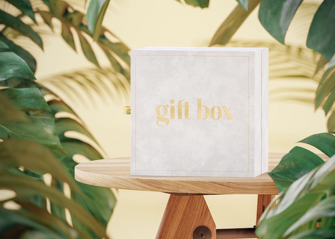 Gift jewelry box mockup on table tropical background 3d render