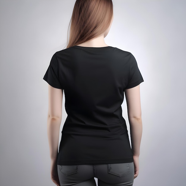 Black T-Shirt Girl on Gray Background Back View Free PSD Download