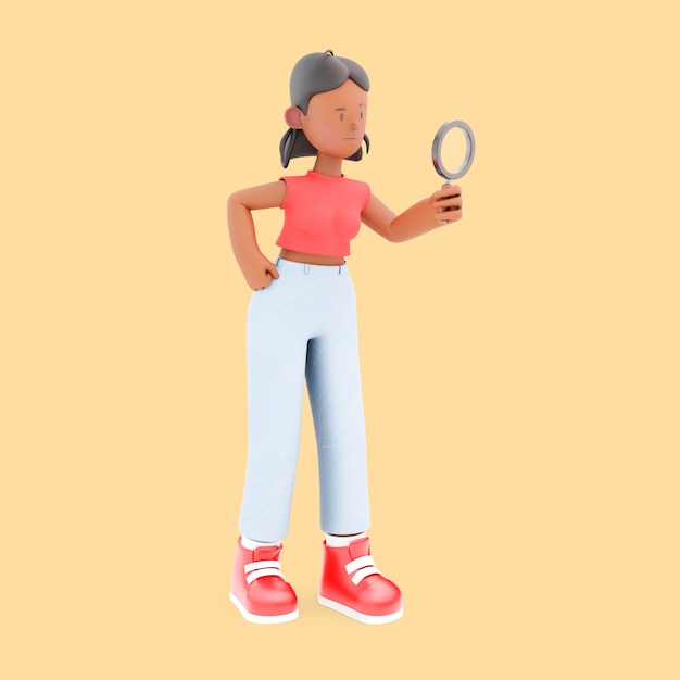 Free PSD girl character holding magnifying glass