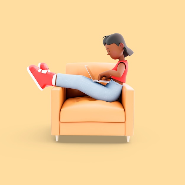 Free PSD girl character sitting on chair